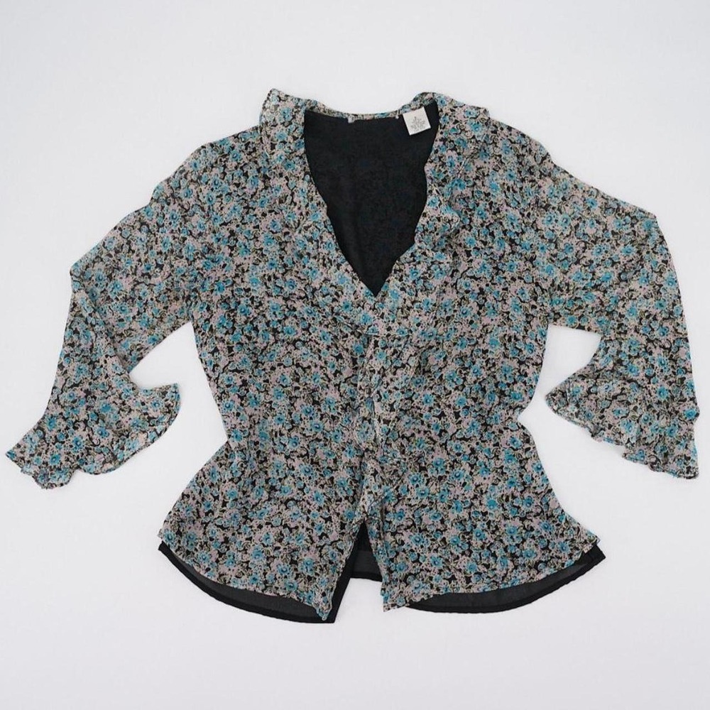 Laura Ashley Vintage Y2K Silk Floral Blouse Sheer Ruffle Sleeve Black Blue 6